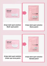 Various packages of Artpe dark spot solution patches on a pink background