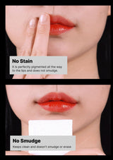 Lipstick application on lips with text indicating 'No Stain' and 'No Smudge'.