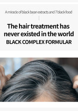 Advertisement for a hair treatment product with text about black bean extracts and black food, showing a close-up of hair.