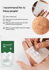 Product packaging and usage instructions for skin patches on a white background