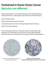 Advertisement for flaner Green Caviar spicules with text and images of spicules.