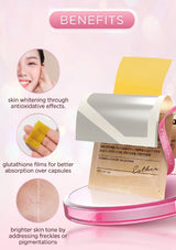A beauty product package labeled 'BENEFITS' on a pink gradient background, with three inset circles showing skin-whitening results, a hand holding a yellow square sample, and a close-up of skin tone improvement. The package appears to be a collagen or skin supplement sachet with a yellow insert and pink ribbon.