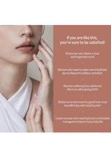 Woman touching her face with a promotional text overlay on a beige background