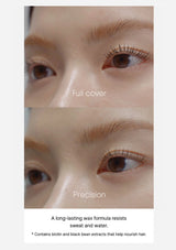 Close-up of a person's eyes with text indicating 'Full cover' and 'Precision', and a description of a long-lasting wax formula.