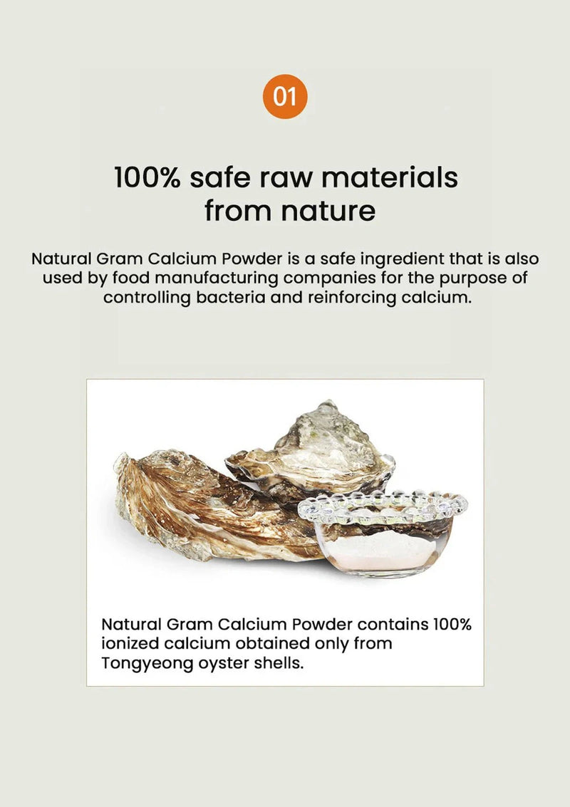 Oyster shells with text about natural calcium powder and its uses.