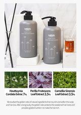 Two gray bottles of MEIA hair care product on a white background with ingredient information displayed.
