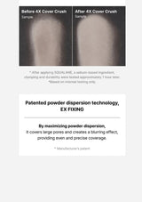 Before and after comparison of a cosmetic product application with text about Squalane and powder dispersion technology.