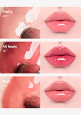 Lipstick shades 'Purity', 'All hours', and 'Geek' applied to lips with close-up views.