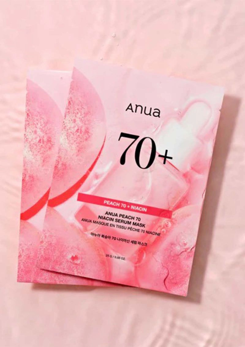 Anua 70+ Peach & Niacin mask packaging on a pink background