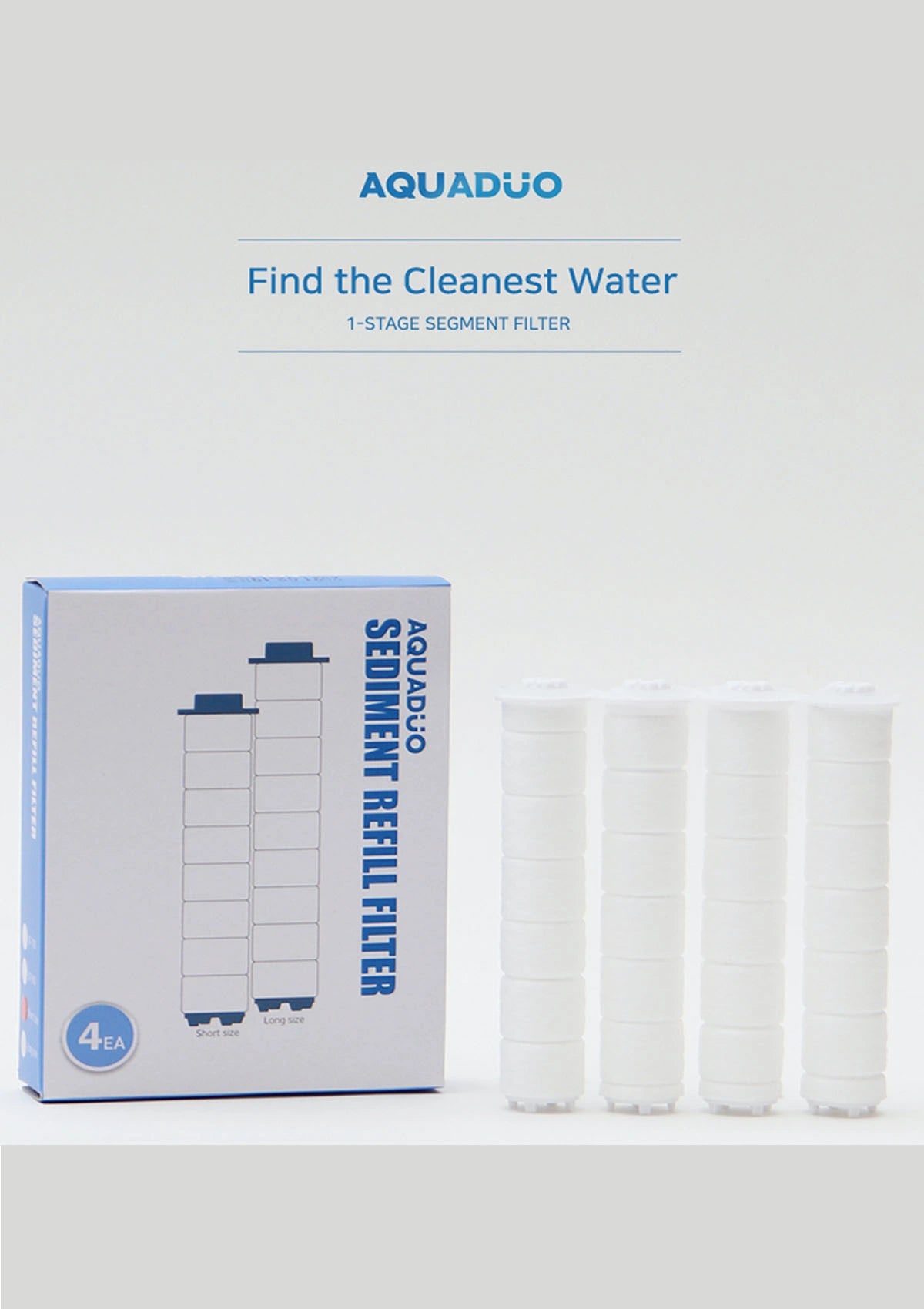 Aquaduo water filter packaging with filters on a white background