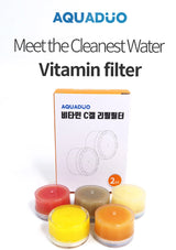 Aquaduo vitamin filter packaging with four colored filters on a white background