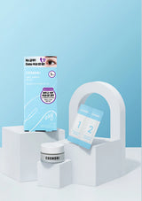 Cosmetics and packaging with 'COSNORI' branding on a light blue background