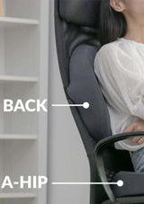 Person using a massage chair with labeled parts on a neutral background
