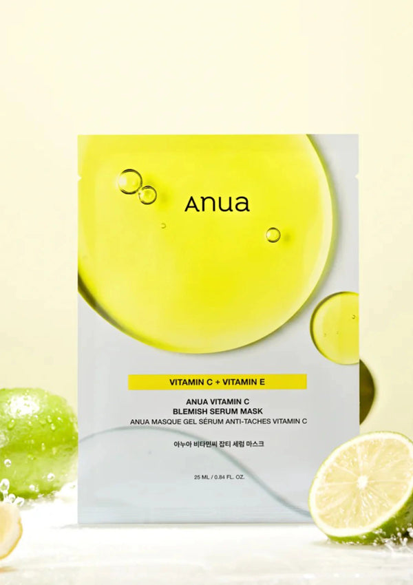 Anua vitamin C+Vitamin E mask packaging with lime slices on a light background