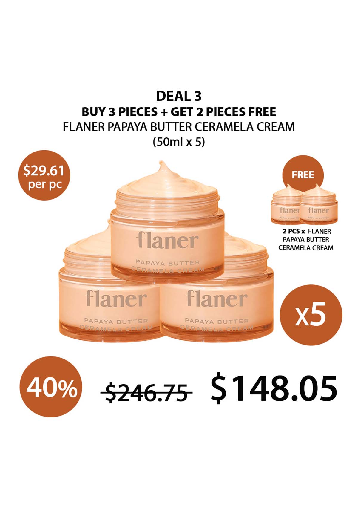 [FLANER] Papaya Butter Ceramela Cream 50ml (BUY 3+2 FREE) FLANER PAPAYA  BUTTER CERAMELA CREAM