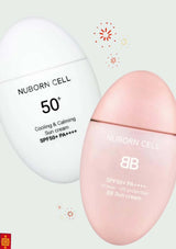 Two sunscreen products, a white bottle labeled 'Nuborn Cell' and a pink bottle labeled 'BB', on a light gray background.