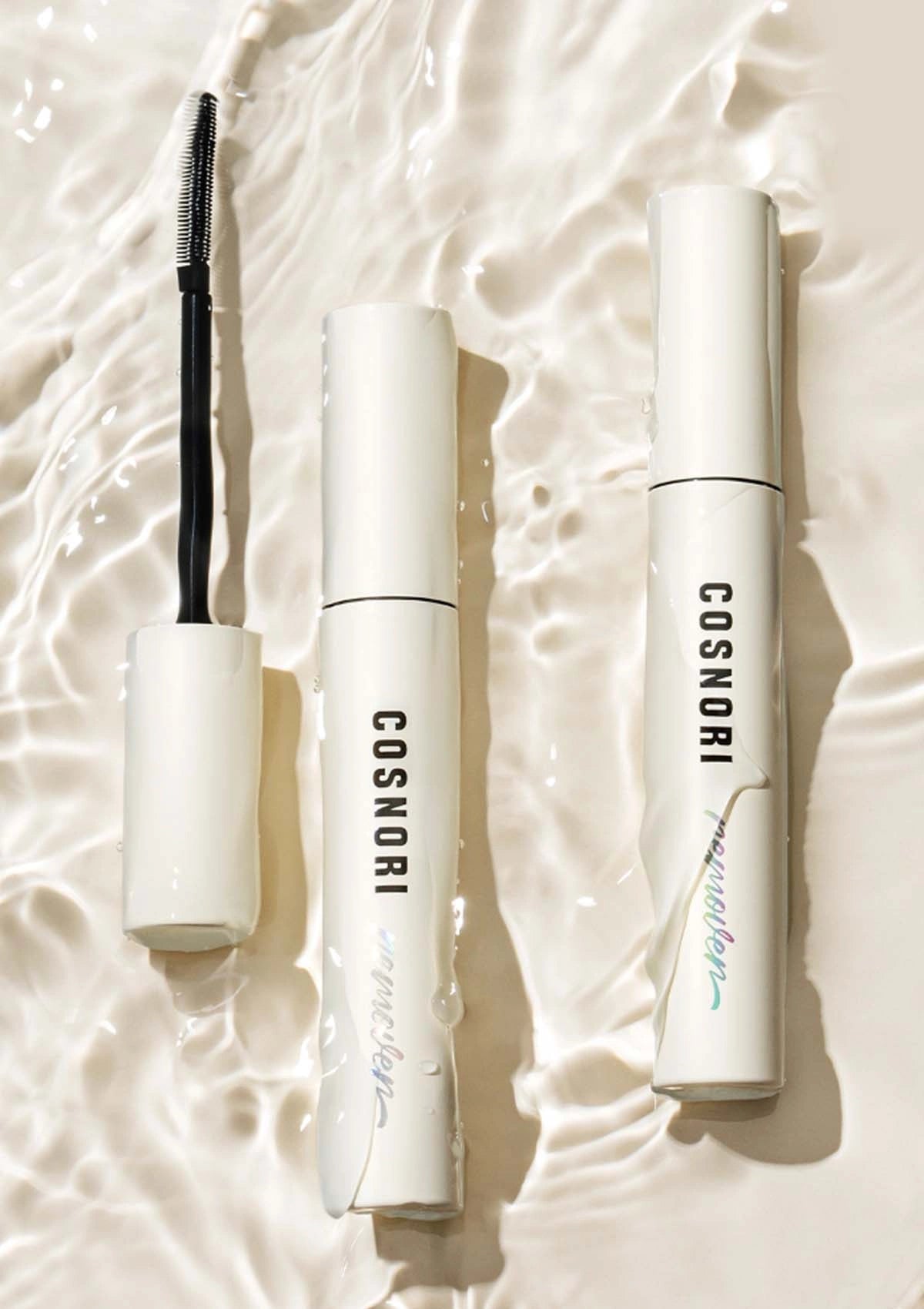 Cosmetics with 'COSNORI' branding on a textured beige background