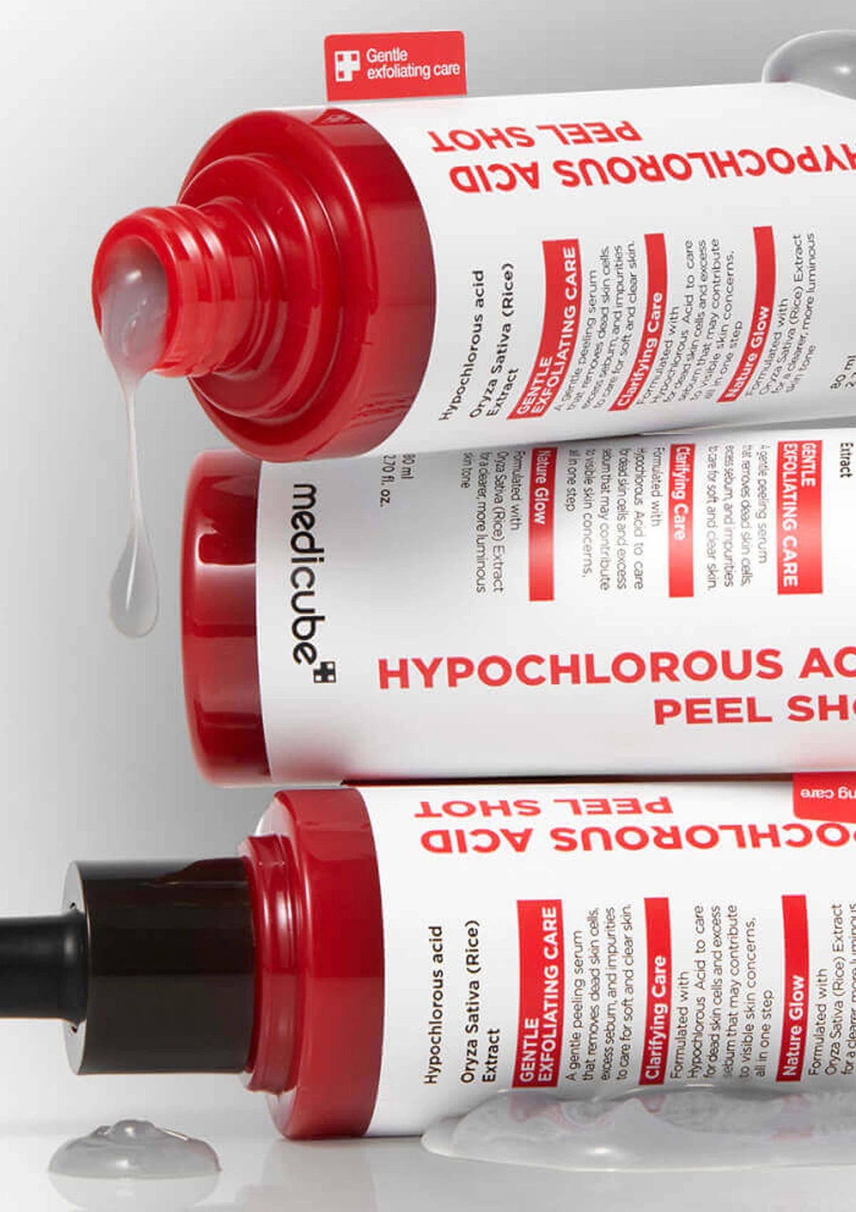 Three tubes of medcube Hypochlorous Acid Peel Shot on a white background