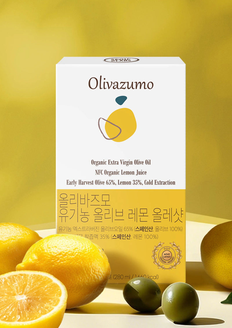 Olivazumo product packaging with lemons and limes on a yellow background