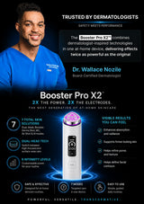 Promotional graphic for the Booster Pro X2 at-home skincare device, featuring a smiling man in a blue medical shirt on the left and the white and purple device on the right against a dark blue background with text callouts and icons.