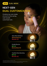 A promotional graphic for a dual-mode beauty device shown on a woman's face, with text highlighting next-gen dual customization and three treatment modes: Glow Skin Definition, Double Bounce, and Youthful Glow Boosting. The background is dark with glowing yellow light effects.