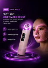A beauty device labeled 'MASK MODE' and 'NEXT-GEN SHEET MASK BOOST' shown beside a woman with a glowing sheet mask on her face. The ad uses purple and pink glow effects and text highlighting deeper absorption, intense hydration, and radiant glow.
