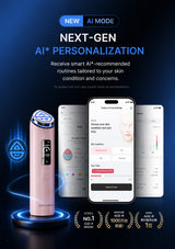 A pink beauty device displayed alongside a smartphone showing a skincare app interface, with promotional text reading 'NEW AI MODE NEXT-GEN AI* PERSONALIZATION' on a dark blue background.