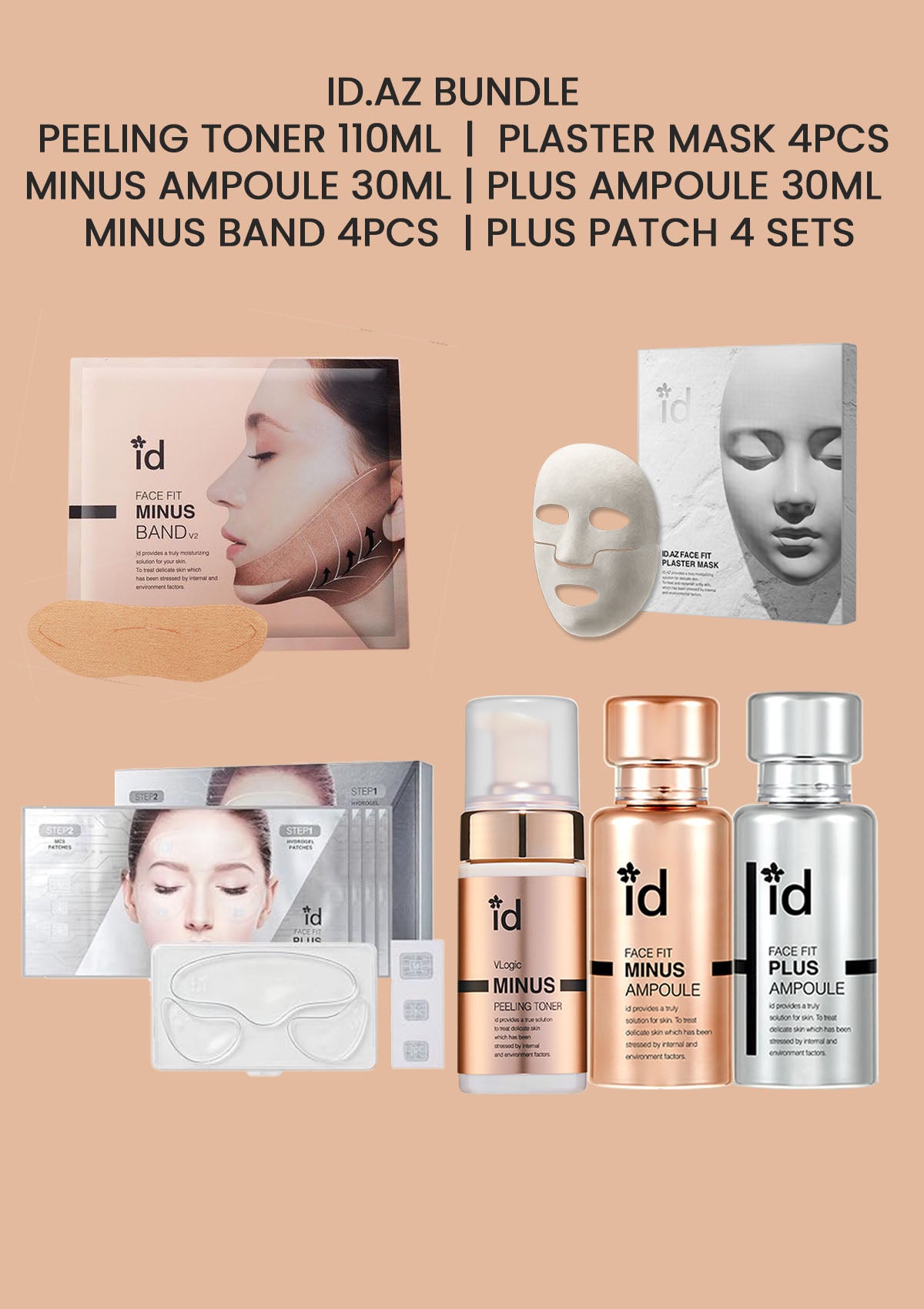 ID.AZ skincare product bundle including toner, mask, ampoules, and patches on a beige background.
