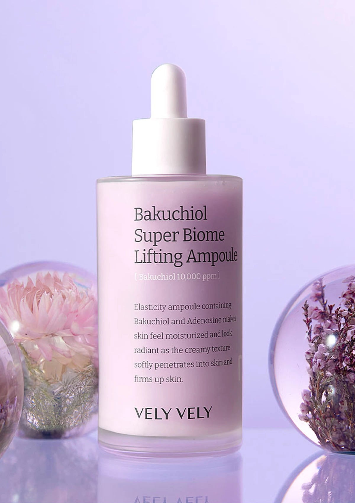 Bakuchoi Super Biome Lifting Ampoule bottle with floral background