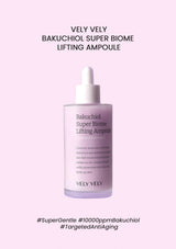 Vely Vely Bakuchiol Super Biome Lifting Ampoule bottle on a light purple background