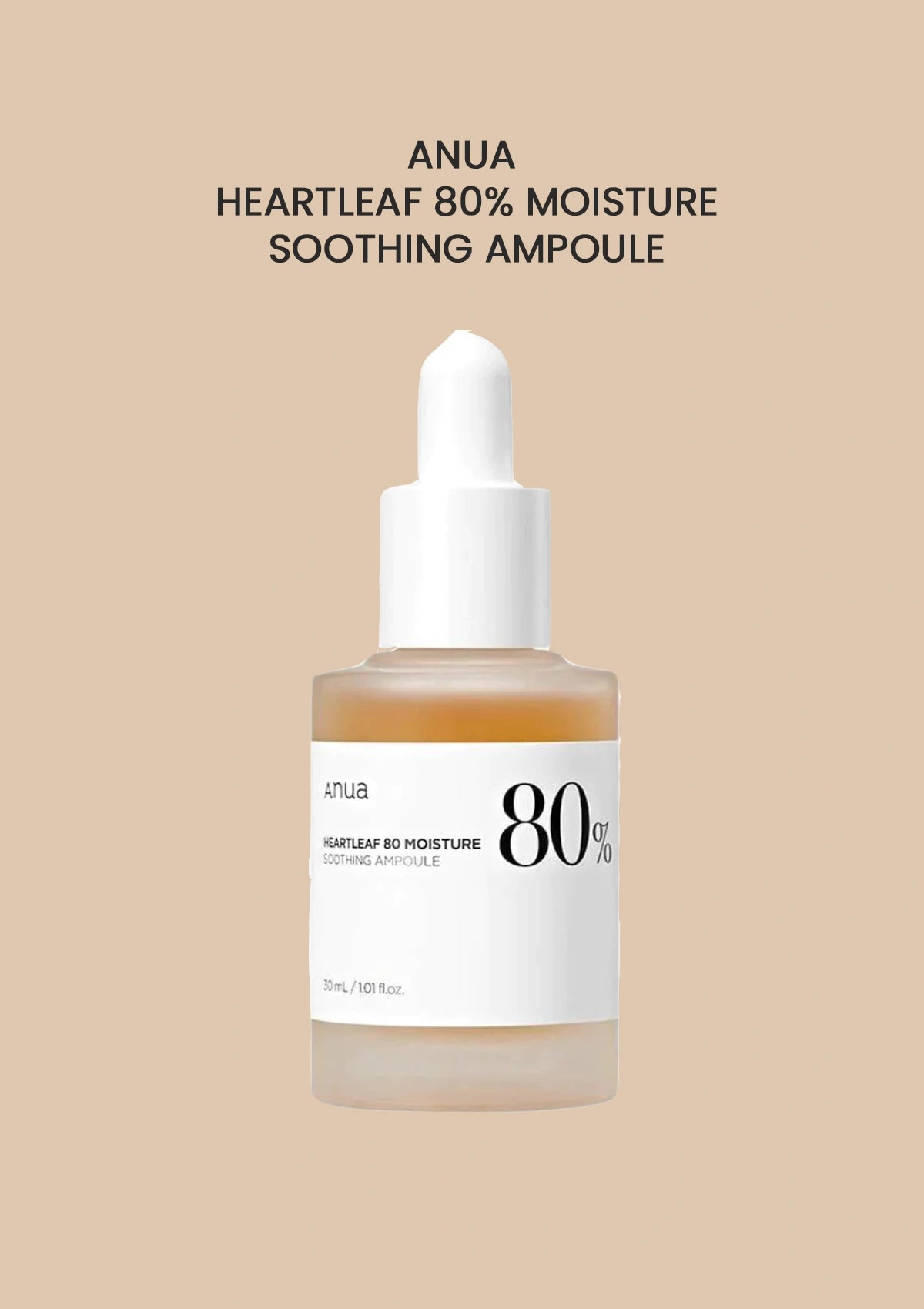 Anua Heartleaf 80% Moisture Soothing Ampoule bottle on a beige background