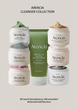 Arencia cleanser collection with various skincare products on a light gray background