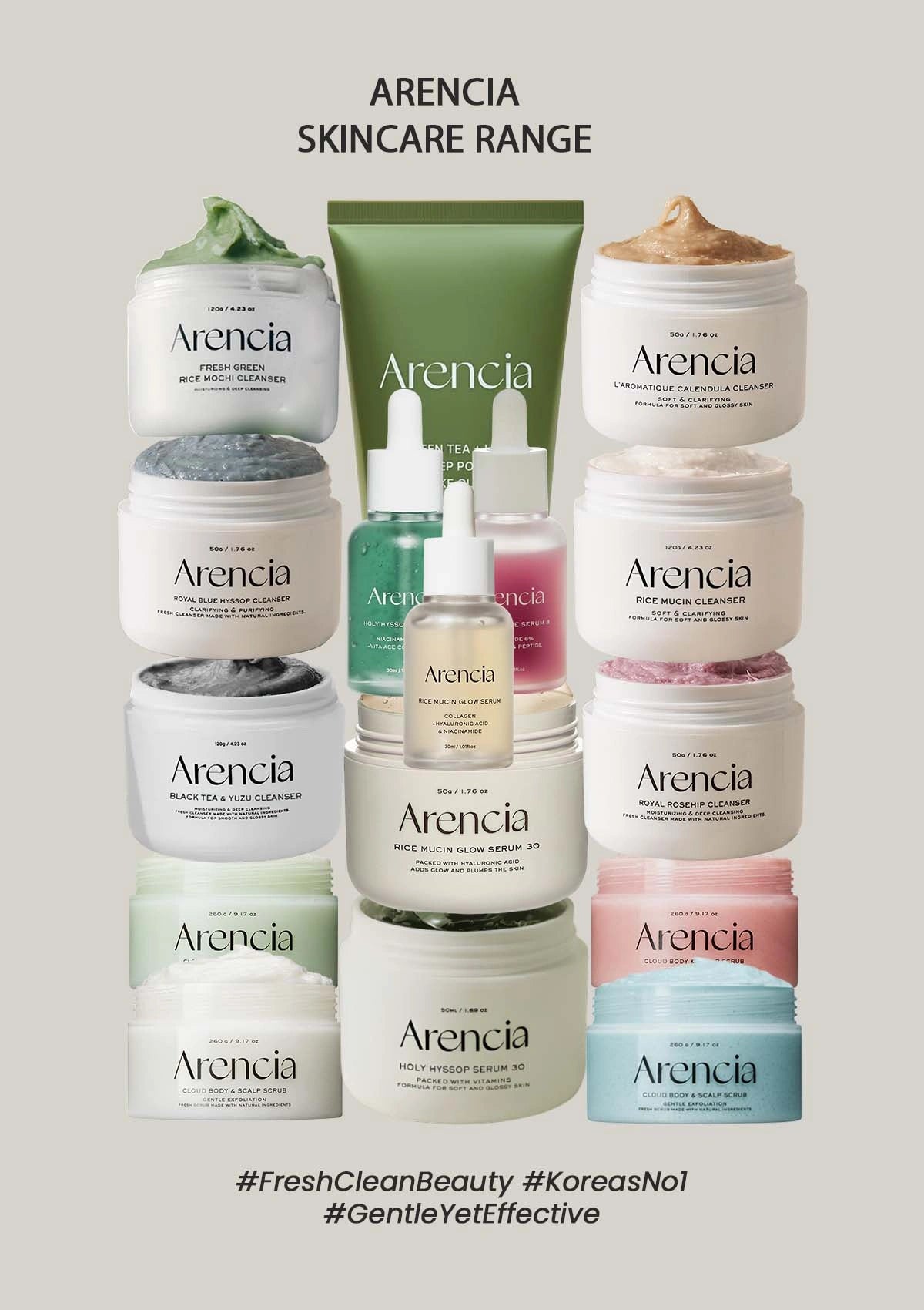 Arencia skincare products displayed in a pyramid formation on a light gray background.