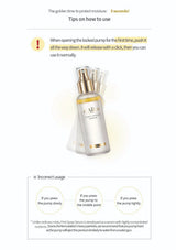 Instructions on how to use a skincare product with a pump, including correct and incorrect usage methods.
