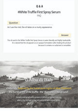 FAQ section about White Truffle First Spray Serum with a scenic landscape of d'Alba, Italy.