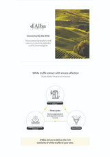 D'Alba white truffle extract advertisement with vineyard image and extraction process diagram.