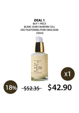 LVO Blanc Dubu Nuborn Cell Exotightening Pore Emulsion bottle with promotional text on a white background