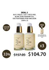 Two bottles of EXO Blanc Dubu Nuborn Cell Exo Tightening Pore Emulsion with a free bottle offer on a white background.