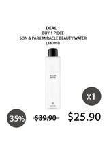 Promotional graphic for Son & Park Miracle Beauty Water with pricing and discount information.