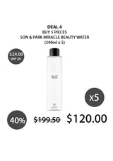 Promotional offer for Son & Park Miracle Beauty Water with a bottle and pricing details on a white background.
