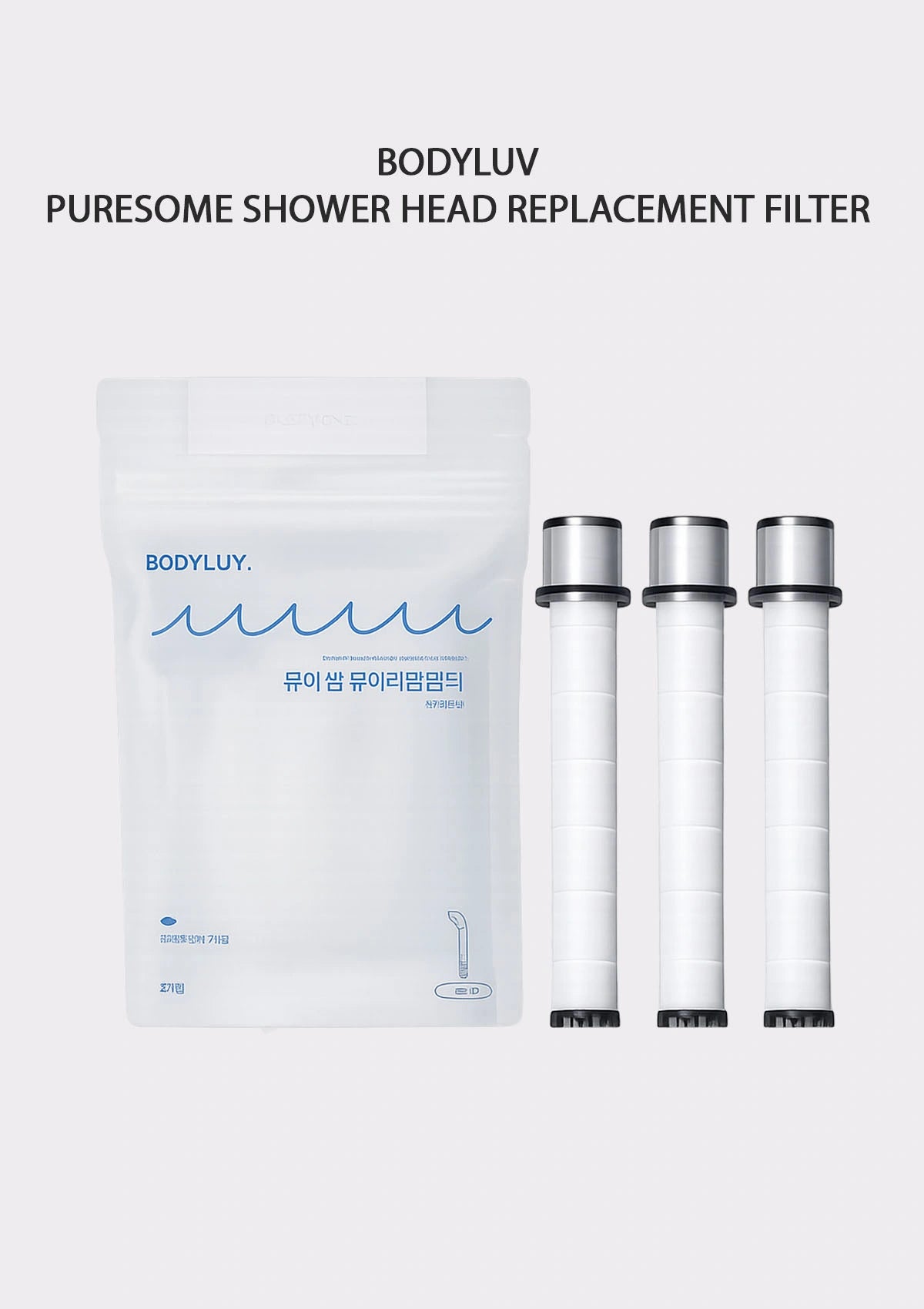 BODYULV Puresome Shower Head Replacement Filter set, featuring a white resealable pouch with blue branding and three white cylindrical filter cartridges with silver caps, on a light gray background.