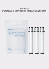 BODYULV Puresome Shower Head Replacement Filter set, featuring a white resealable pouch with blue branding and three white cylindrical filter cartridges with silver caps, on a light gray background.