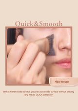 Person applying makeup with a brush on a beige background, featuring text about product features.