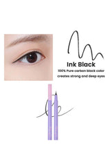 Eyebrow pencil with a close-up of an eye and text about ink black color