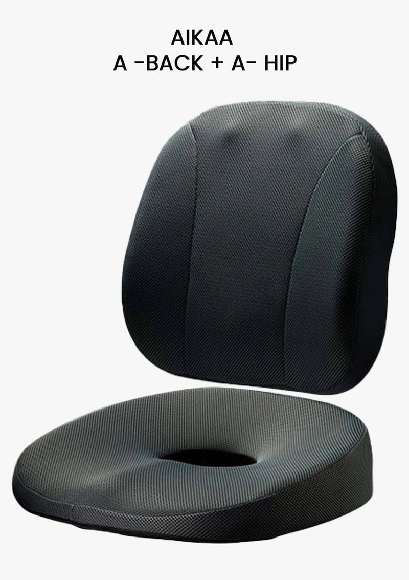 Two black seat cushions labeled 'Aikaa' on a white background