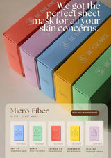 Colorful boxes of BE BALANCE sheet masks with a promotional text overlay on a neutral background.