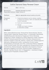 A white rectangular product information card for CeDot Diamond Glass Renewal Cream, showing volume, manufacturer, distributor, usage precautions, and ingredients in black text on a light gray background.