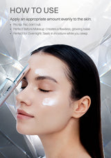 A close-up of a woman with closed eyes receiving or applying skincare treatment on her forehead and cheek, with text reading 'HOW TO USE' and product application instructions. A faceted translucent cosmetic applicator is visible against a gray and white abstract background.