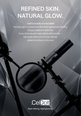 A promotional graphic for the CelDot skincare device, featuring a black cylindrical device and magnifying lens against a dark gray geometric background with text reading 'REFINED SKIN. NATURAL GLOW.