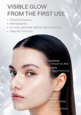 Promotional beauty graphic with a close-up portrait of a woman's face showing highlighted cheekbones, nose tip, and chin. Text at the top reads 'VISIBLE GLOW FROM THE FIRST USE' with bullet points about smoother texture, refined pores, and luminous finish.